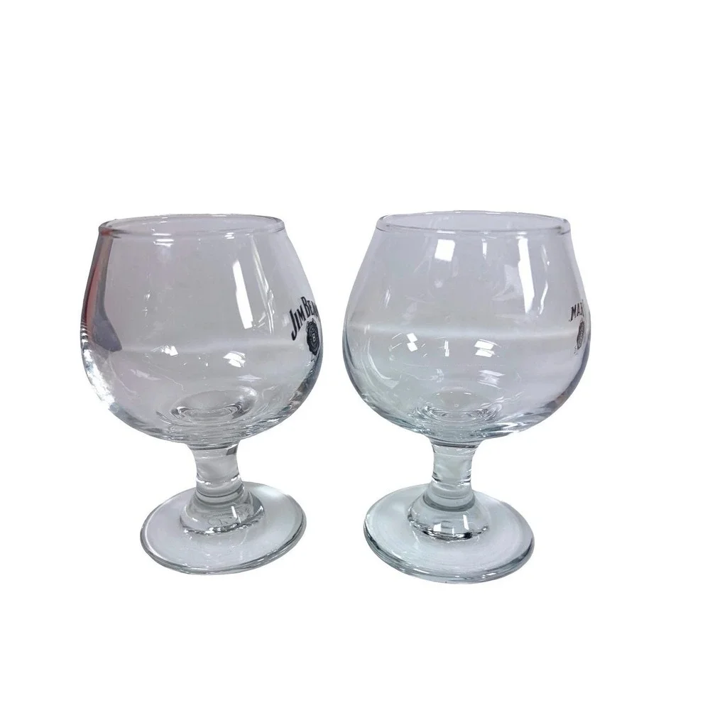 VTG Jim Beam Bourbon Snifter Glasses Set of‎ 2 Clear Glass Black Logo Barware 4
